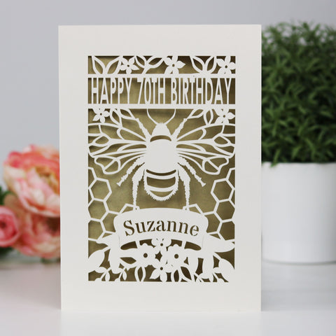 Personalised Papercut Bee Birthday Card - A5 (large) / Gold Leaf