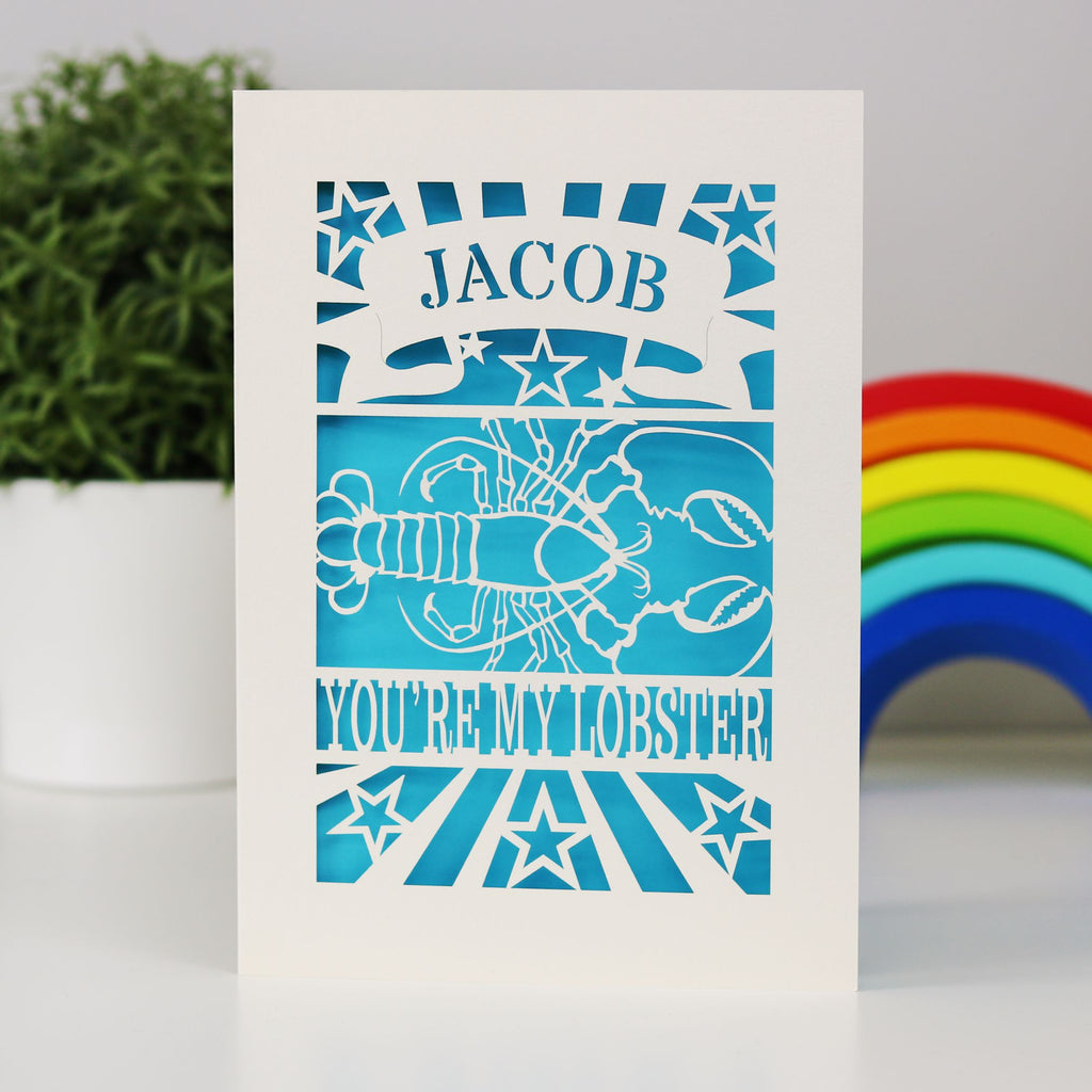 Laser Cut Valentine's Card with 'Jacob, you're my lobster' design