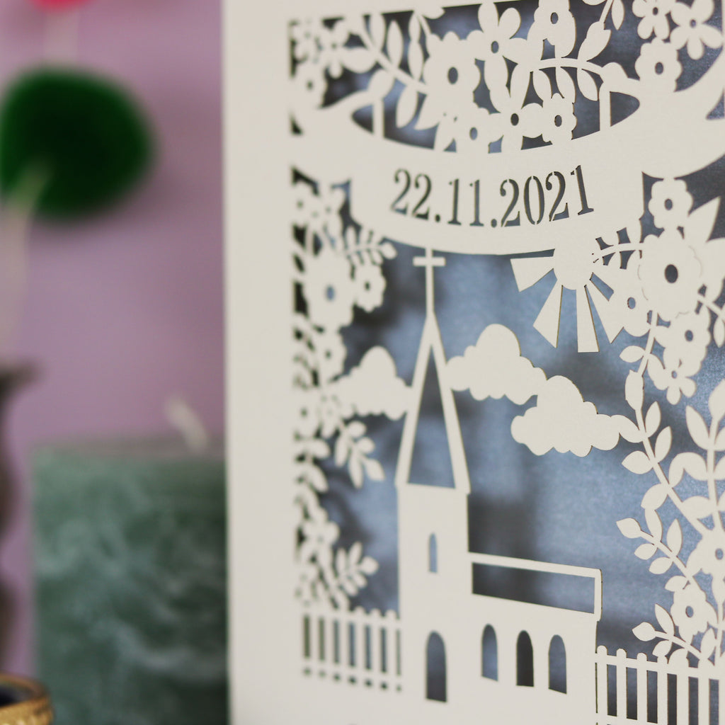 A close up detail of our laser cut Baptism card. 
