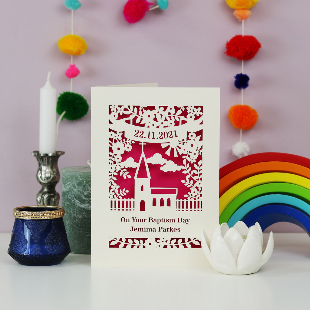 Laser cut cards for Baptisms. A personalised Baptism card with a date and name around a church design. 