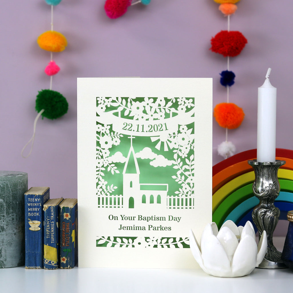 A cream and light green Baptism card, personalised and laser cut