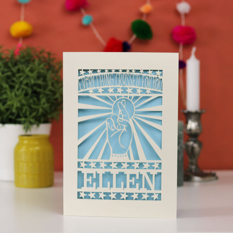 Fingers Crossed Personalised Papercut Card - A6 (small) / Light Blue