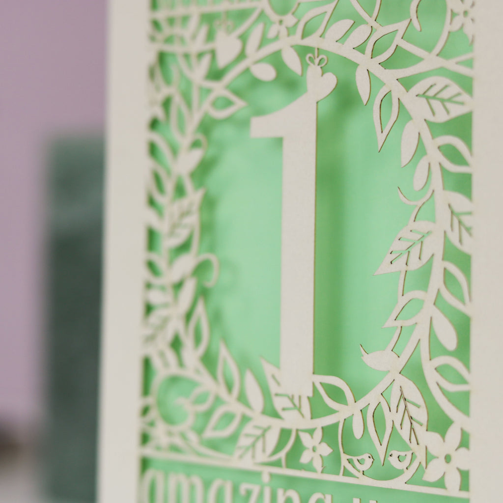  A close up image of a detail from a laser cut card. Cream card is cut away to reveal a light green paper insert behind. 