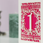 A close up of one of our laser cut anniversary cards. Cream card with shocking pink paper insert. 