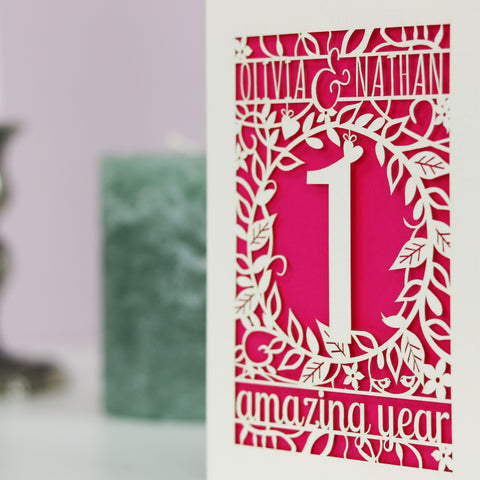 A close up of one of our laser cut anniversary cards. Cream card with shocking pink paper insert.  - A5 / Shocking Pink