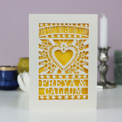 Our First Valentine's Laser Cut Card- Sacred Heart Design - A6 (small) / Sunshine Yellow