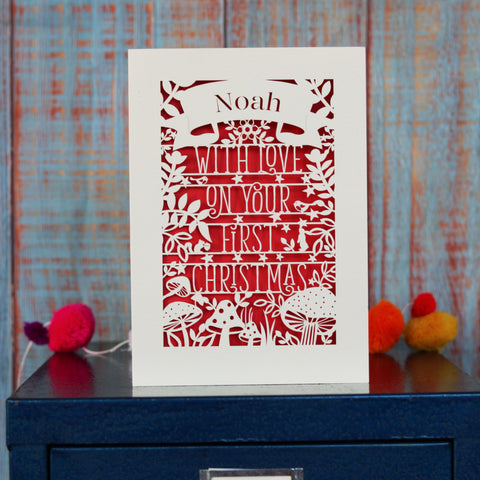 Personalised Woodland First Christmas Papercut Card - A6 (small) / Bright Red
