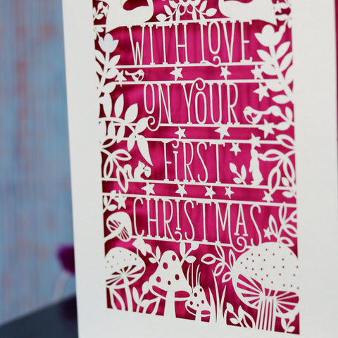 Personalised Woodland First Christmas Papercut Card - A6 (small) / Shocking Pink