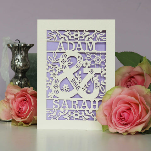 A laser cut floral ampersand card for weddings - A5 / Cream / Lilac