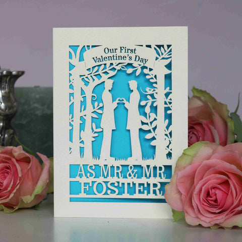 Mr and Mr Personalised Couple First Valentine's Card - A6 (small) / Peacock blue