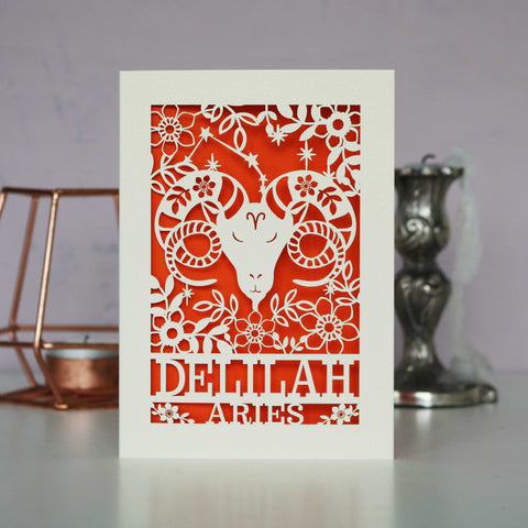 Personalised Aries Papercut Birthday Card - A6 (small) / Orange