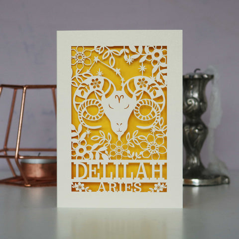 Personalised Aries Papercut Birthday Card - A6 (small) / Sunshine Yellow