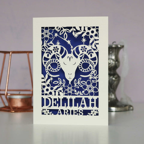 Personalised Aries Papercut Birthday Card - A6 (small) / Infra Violet