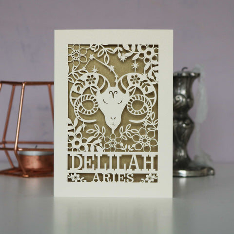 Personalised Aries Papercut Birthday Card - A6 (small) / Gold Leaf