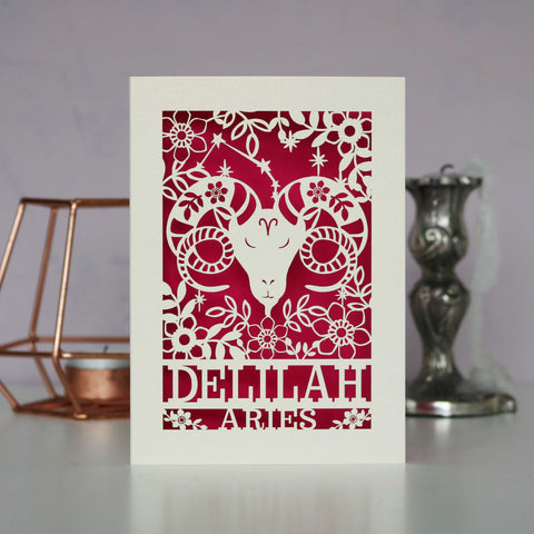 Personalised Aries Papercut Birthday Card - A6 (small) / Shocking Pink