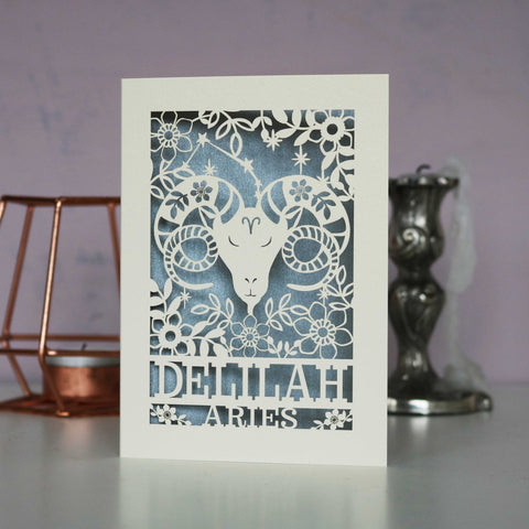 Personalised Aries Papercut Birthday Card - A6 (small) / Light Blue