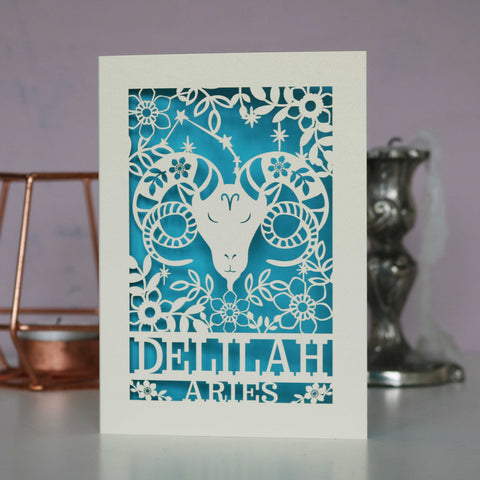 Personalised Aries Papercut Birthday Card - A6 (small) / Peacock Blue