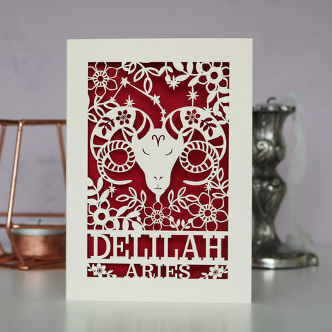 Personalised Aries Papercut Birthday Card - A6 (small) / Dark Red