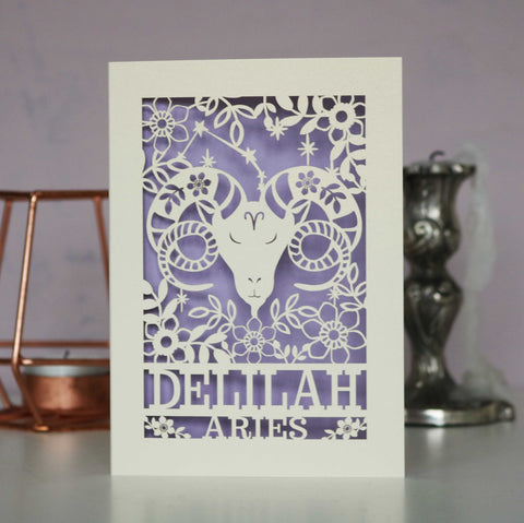 Personalised Aries Papercut Birthday Card - A6 (small) / Lilac