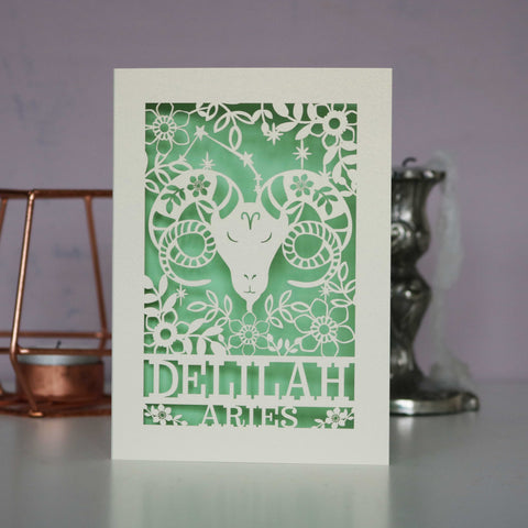 Personalised Aries Papercut Birthday Card - A6 (small) / Light Green