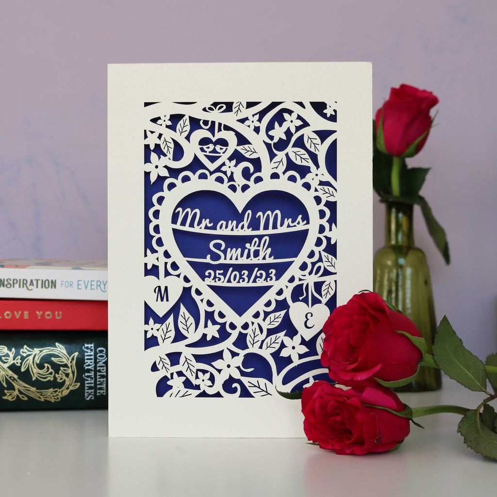 Laser cut wedding card personalised with Mr and Mrs Smith, 25/03/23.
