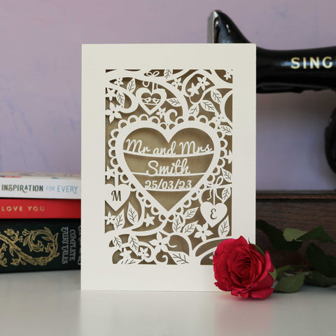 Personalised cards for weddings, laser cut from cream and hand finished with a gold paper insert.  - 