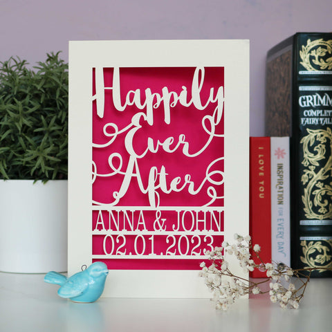 A personalised engagement card laser cut from cream card. Cut out cards say happily ever after, with names and date at the bottom. - A6 (Small) / Shocking Pink