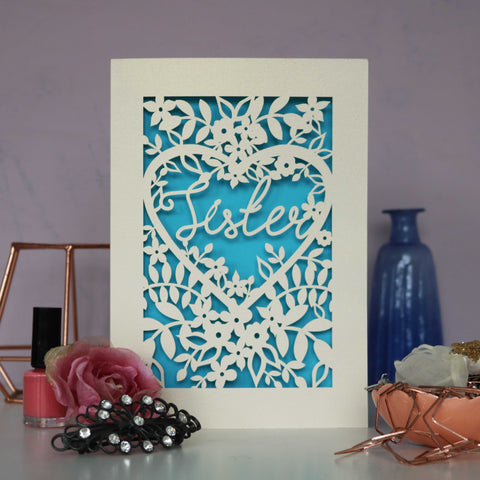 Papercut Sister Card - A6 (small) / Peacock Blue