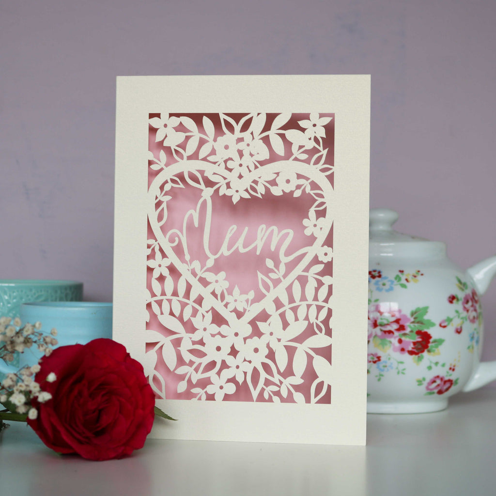 A laser cut "mum" card for Mother's Day