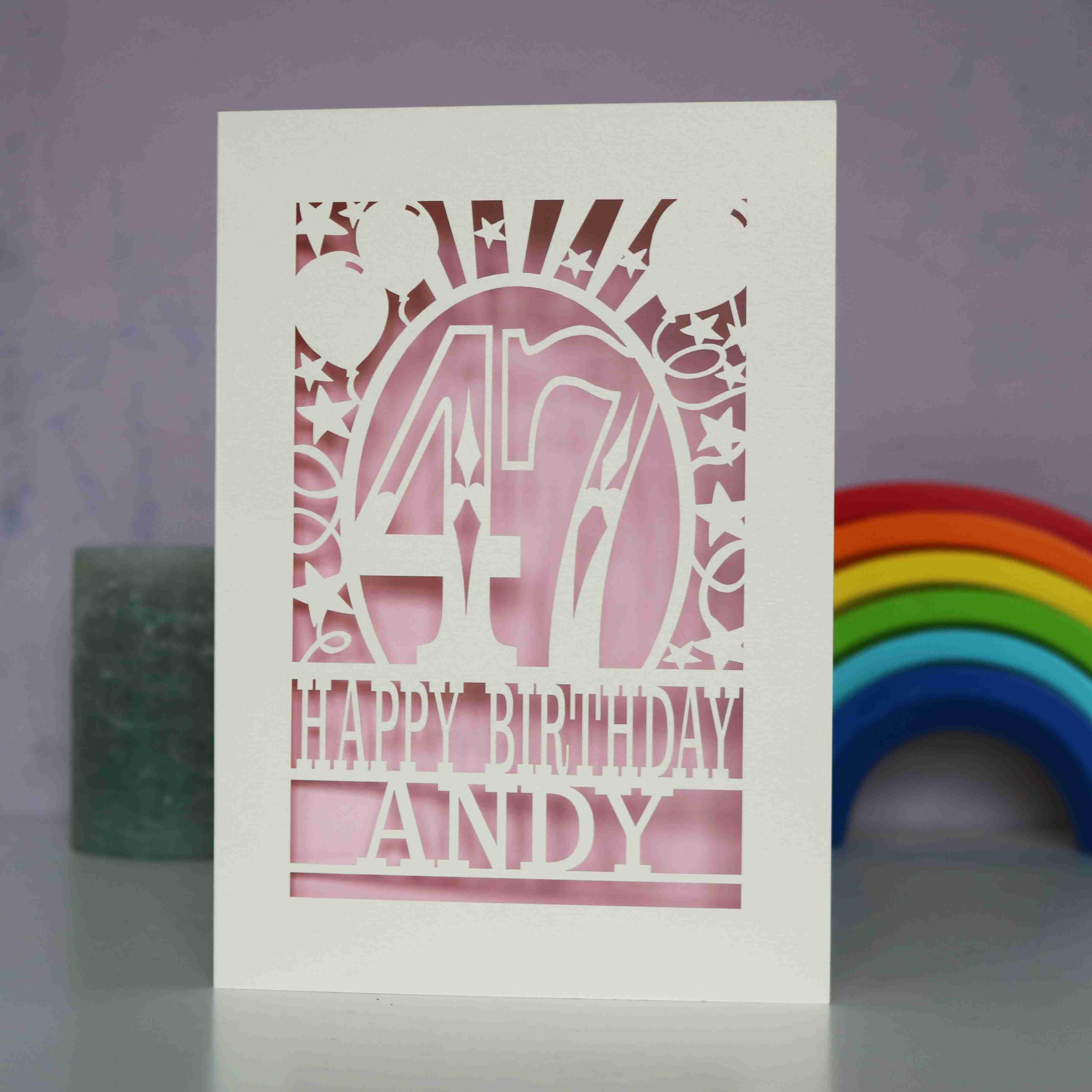 Personalised laser cut birthday cards for friends and family. Personalised with an age and a name. Card is cream with a candy pink paper behind laser cut card