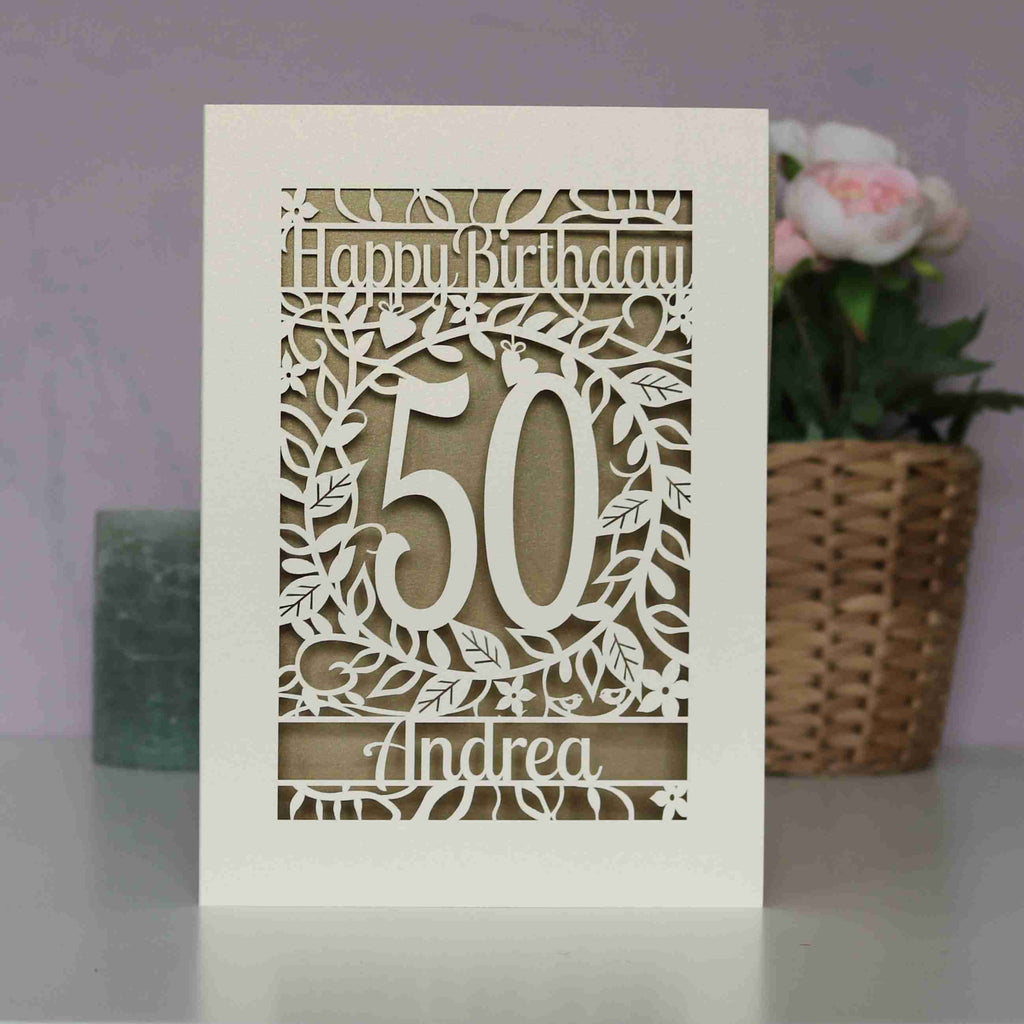 Personalised birthday cards laser cut from cream card with a gold leaf paper insert. Card says Happy Birthday and is personalised with an age and name. #