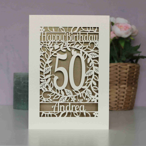 Personalised birthday cards laser cut from cream card with a gold leaf paper insert. Card says Happy Birthday and is personalised with an age and name. # - A5 / Gold Leaf