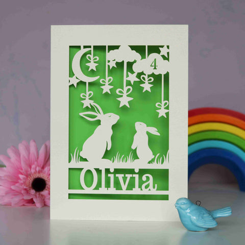 A cream and bright green personalised bunny birthday card, laser cut and personalised with a name and age.  - A5 / Bright Green