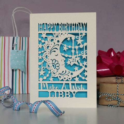 Personalised Papercut Make A Wish Birthday Card - A5 (large) / Peacock Blue