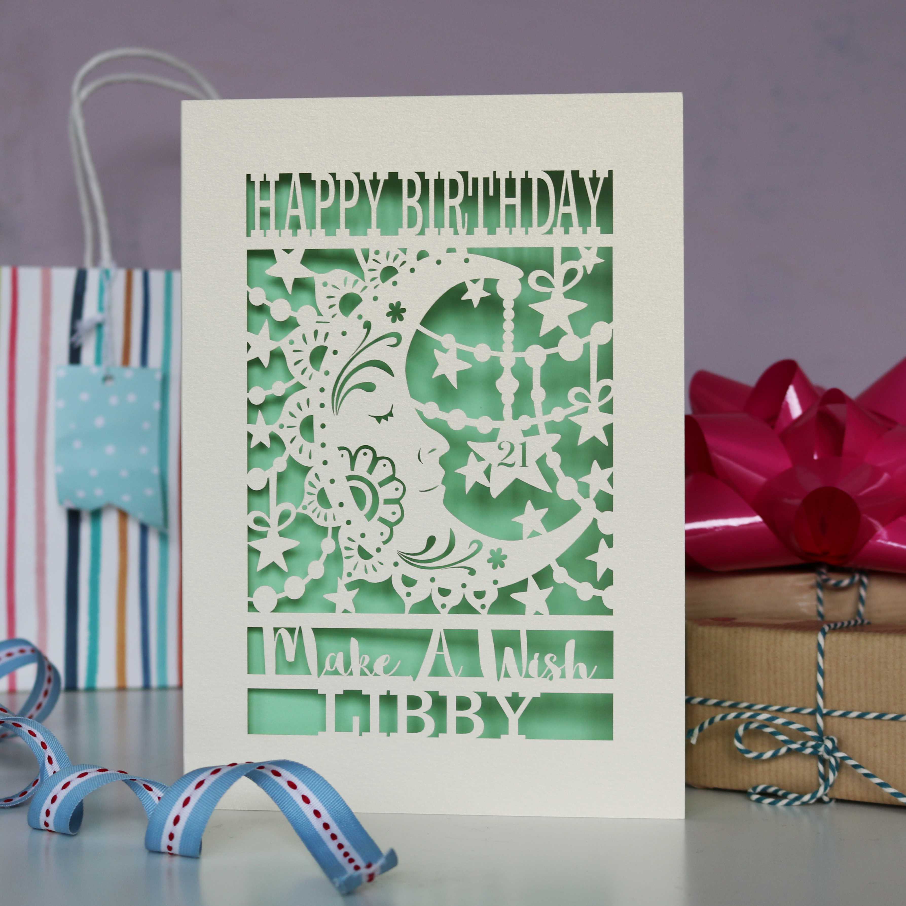 Personalised Moon Birthday card with decorative elements 