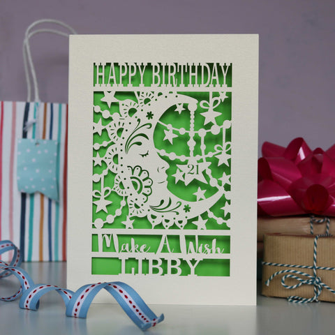 Personalised Papercut Make A Wish Birthday Card - A5 (large) / Bright Green