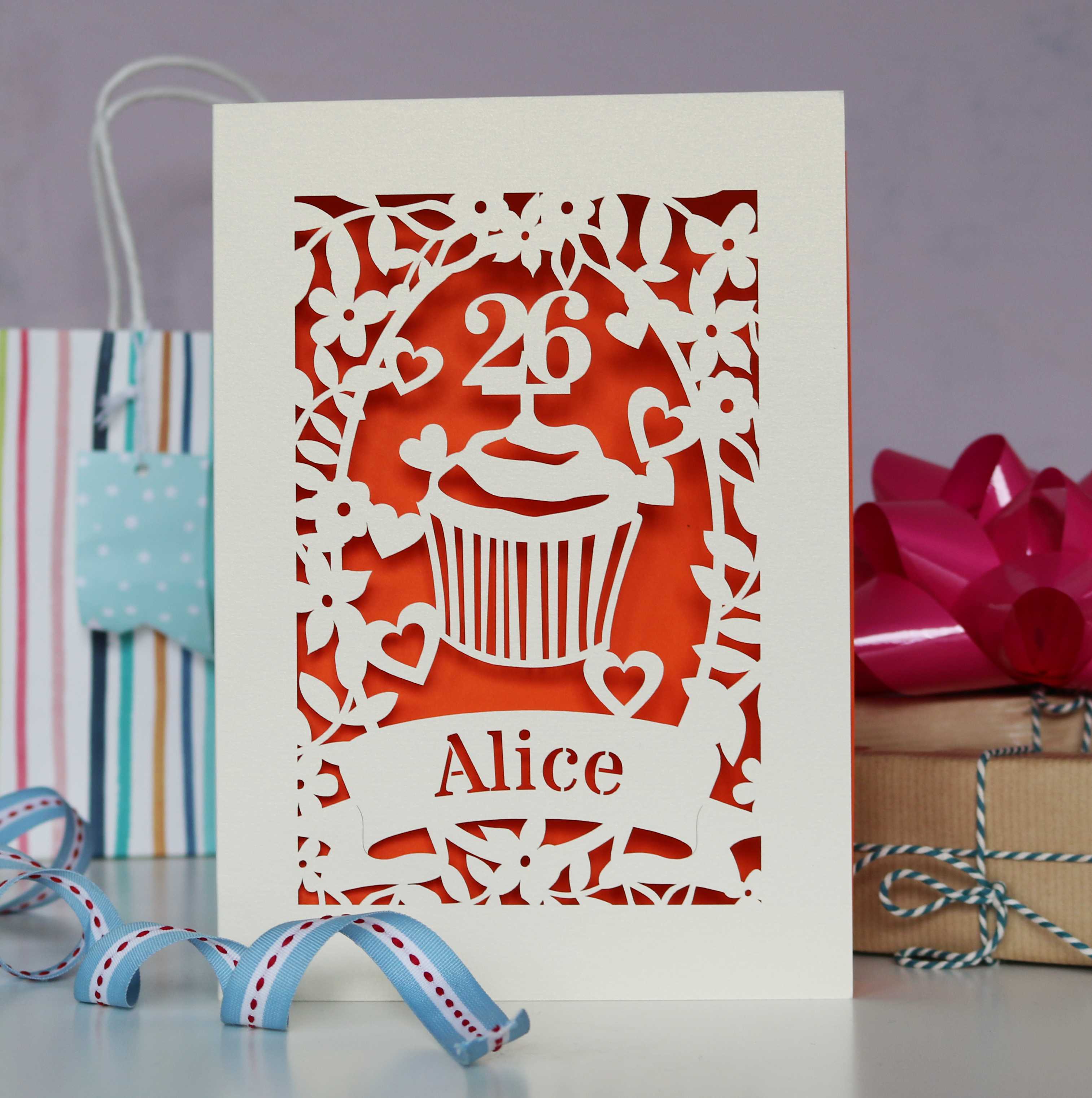 Personalised cup cake birthday card for all the girls in your life, or anyone who likes cake!  Lasercut from cream card with an orange insert. Personalise with a name and age.