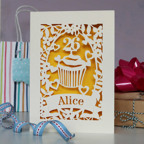 Personalised papercut cupcake birthday card. Shows a cupcake with an age topper laser cut from cream card with a sunshine yellow background. Great for mum, sister, girlfriend, any one who likes cake! - A5 / Sunshine Yellow