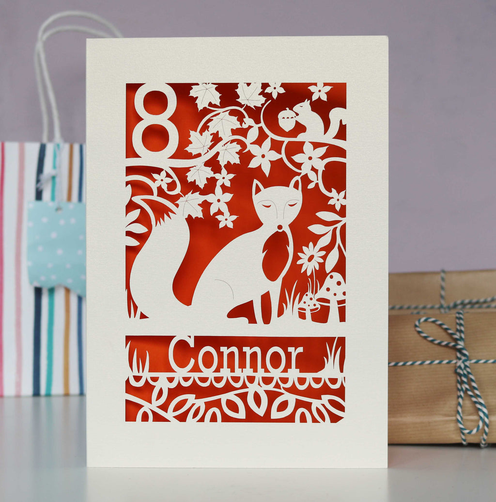 A personalised birthday card with a fox on it. 