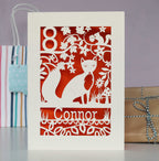 A personalised birthday card with a fox on it. 