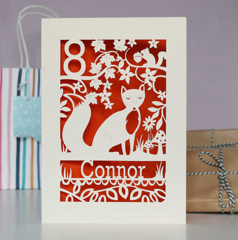 A personalised birthday card with a fox on it.  - A5 (large) / Orange