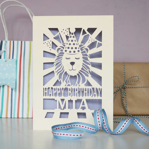 Personalised Papercut Lion Birthday Card - A6 (small) / Lilac
