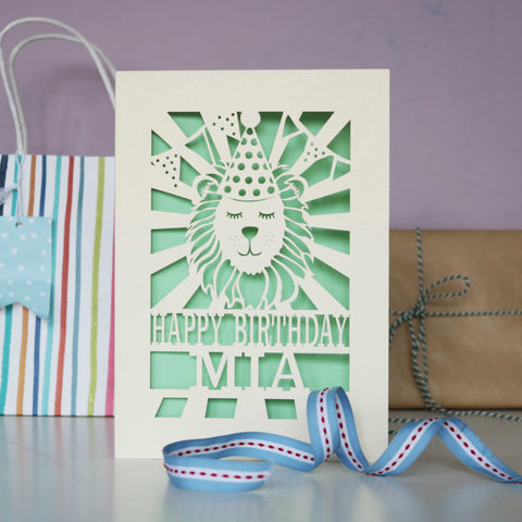 Personalised Papercut Lion Birthday Card - A6 (small) / Light Green