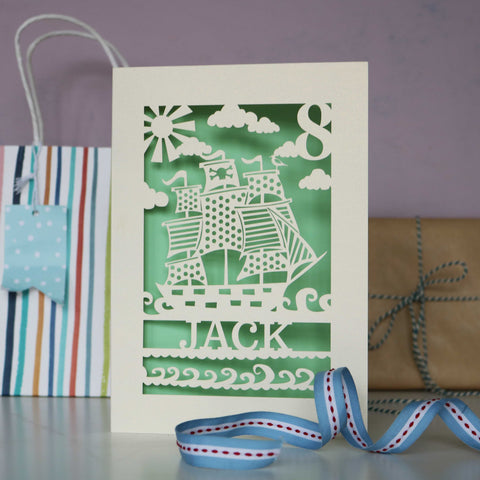 Personalised Papercut Pirate Birthday Card - A6 / Light Green
