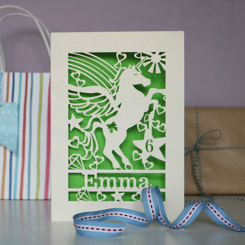 Paper Cut birthday cards with a unicorn, a name and an age - A5 / Bright Green
