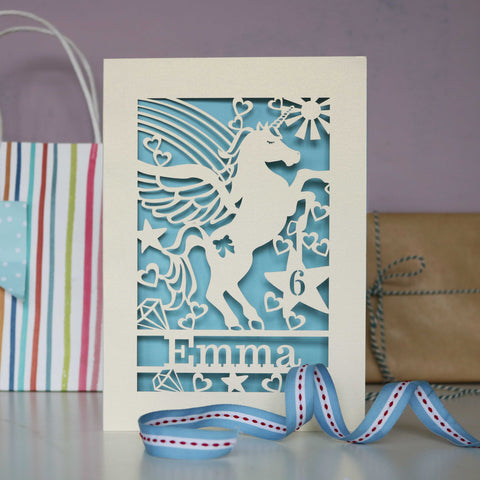 A unicorn laser cut birthday card - A5 / Light Blue