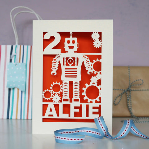 Personalised Papercut Robot Birthday Card - A5 / Orange