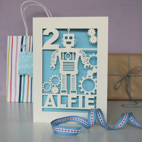 Personalised Papercut Robot Birthday Card - A5 / Light Blue