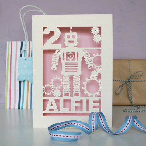 Personalised Papercut Robot Birthday Card - A5 / Candy Pink