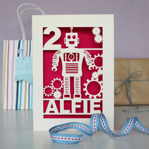 Personalised Papercut Robot Birthday Card - A5 / Shocking Pink